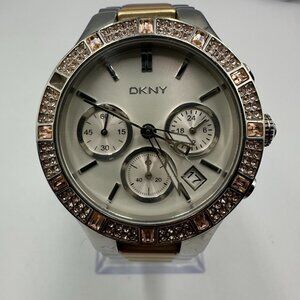 DKNY Watch Women Silver Gold Two Tone Chronograph Crystal Bezel New Battery 7.5"